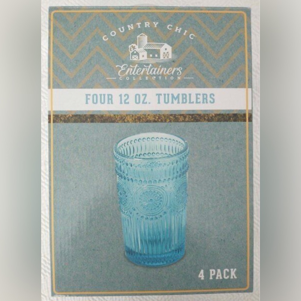 COUNTRY CHIC ENTERTAINERS COLLECTION GLASSWARE 12 OZ TUMBLERS SET OF 4 TURQUOISE